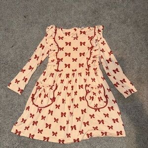 Kate Quinn Girls Bow Print Long Sleeve Dress Cream Red Size 4T